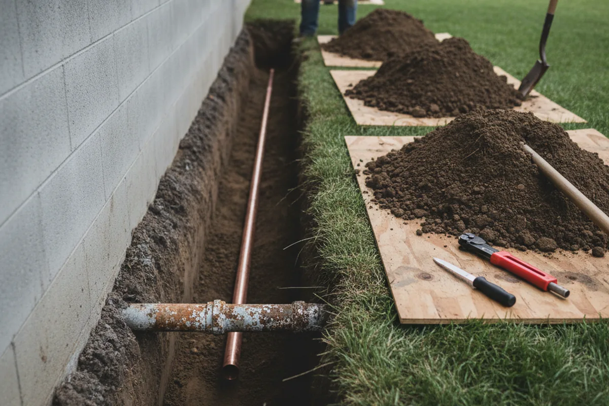 Excavated water line trench during Water Heater Repair in Sloan